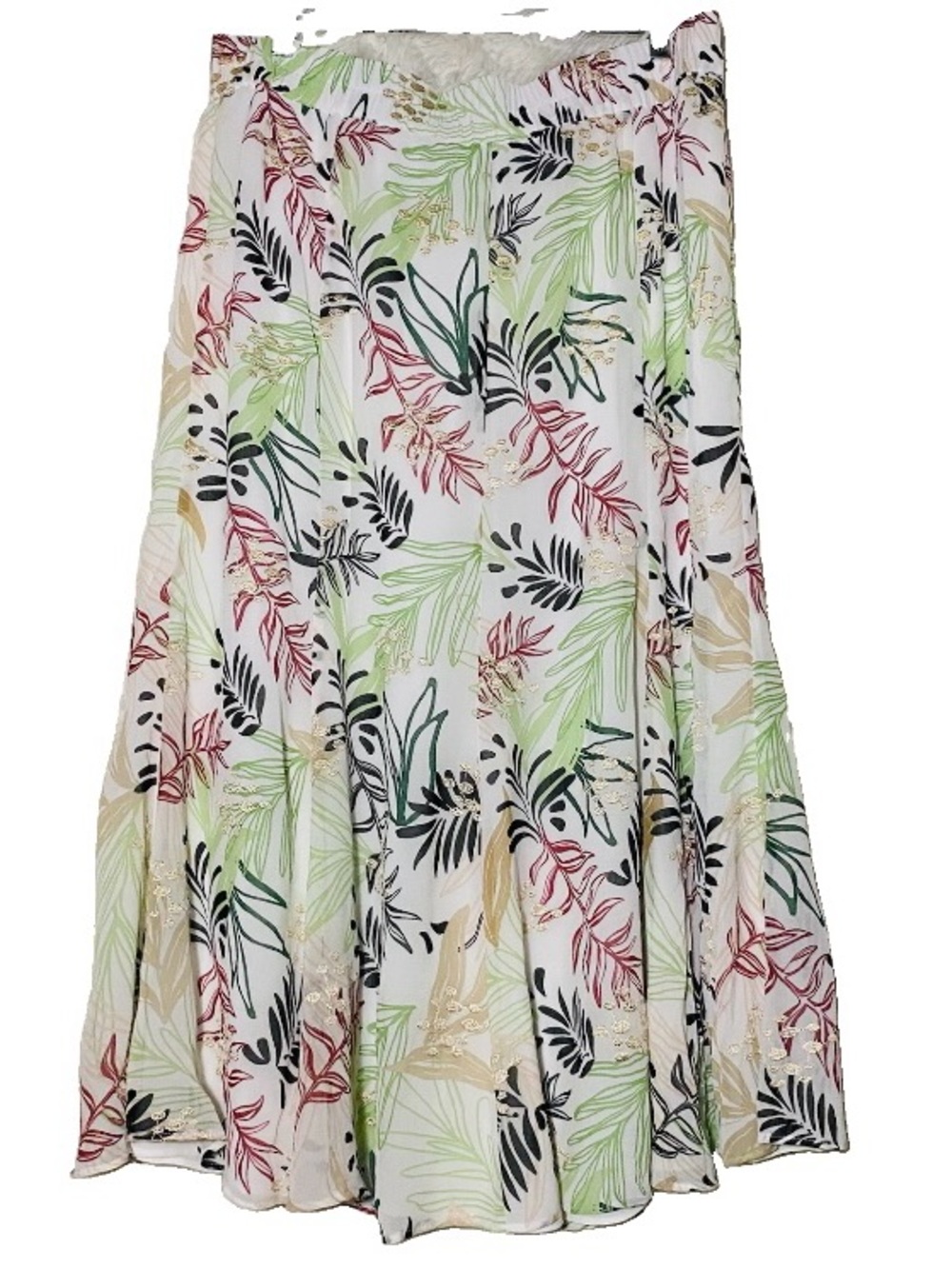 Chico's White A-Line Skirt with Green, Black & Red Leaf Print